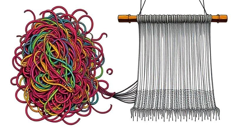 A chaotic, colorful ball of tangled strings on the left transforms into an orderly woven tapestry on the right, symbolizing clarity from chaos.