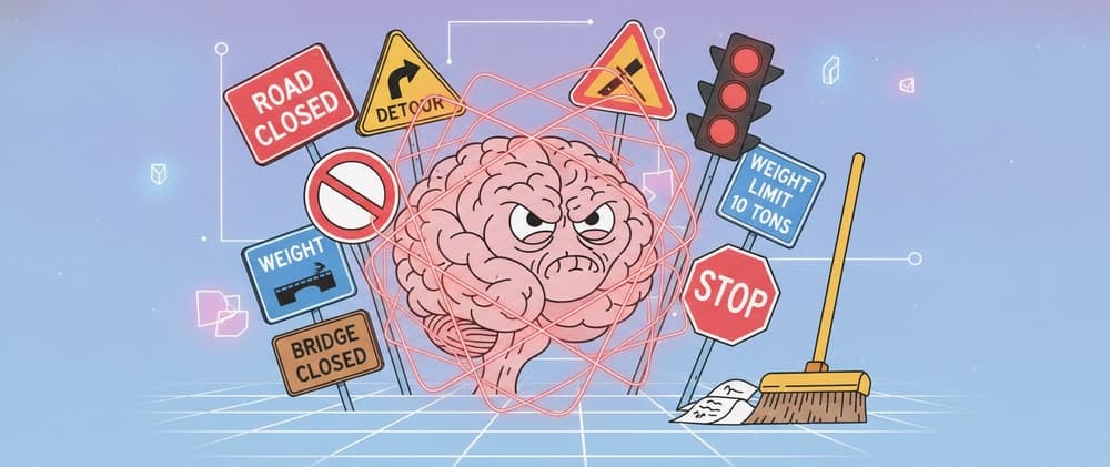 A cartoon brain, scowling and wrapped in red tangled lines, surrounded by ROAD CLOSED, DETOUR, STOP, BRIDGE CLOSED and weight-limit signs, with a broom and dustpan waiting at the right.