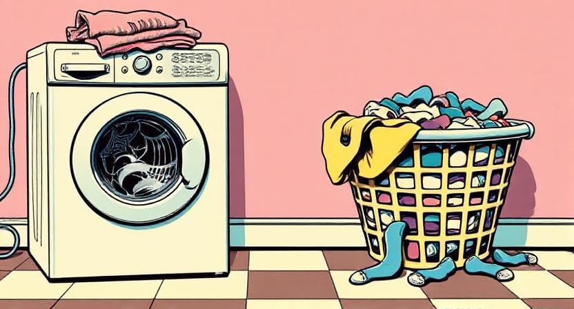 A whimsical illustration shows a white washing machine beside an overflowing laundry basket. The basket's clothes spill out, mimicking human legs. The scene is playful and vibrant.